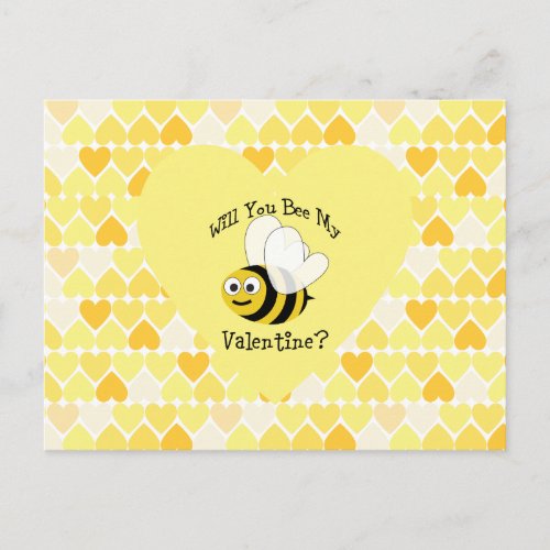 Will You Bee My Valentine Yellow hearts Holiday Postcard