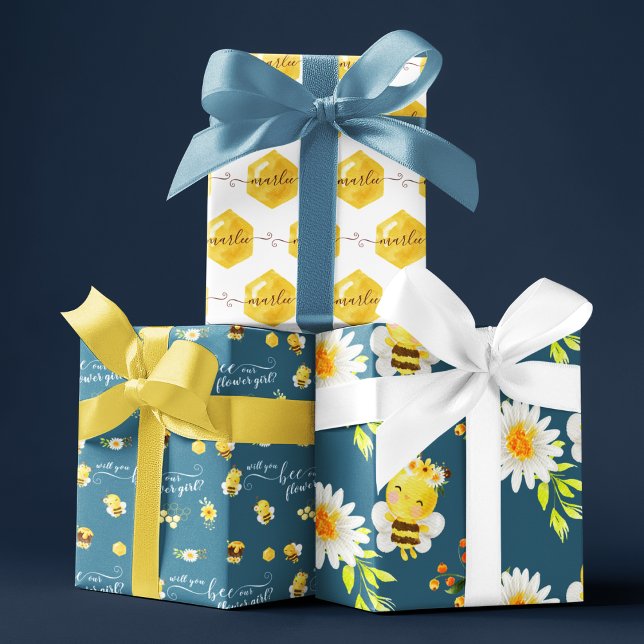 Will You Bee Our Flower Girl Wrapping Sheets (Propose to your flower girl with these cute personalized bee wrapping paper sheets! )