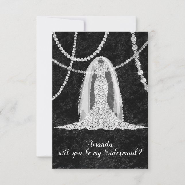 Will You Bridesmaid Black White Dress Veil Diamond Invitation (Front)