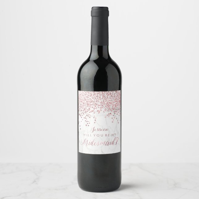 Will You Bridesmaid. Faux Rose Gold/Marble Wine Label (Front)
