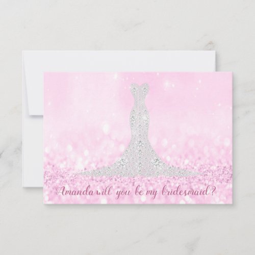 Will You Bridesmaid Glitter Pink Diamond Dress Wow Invitation