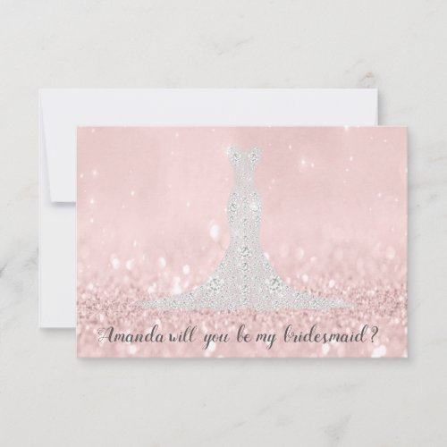 Will You Bridesmaid Glitter Pink Diamond DressGray Invitation