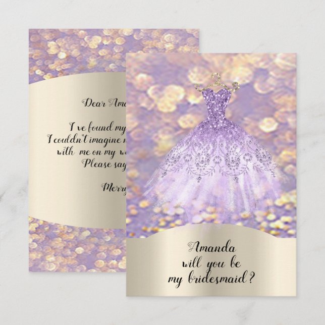Will You Bridesmaid Glitter Princess Dress Purple Invitation (Front/Back)