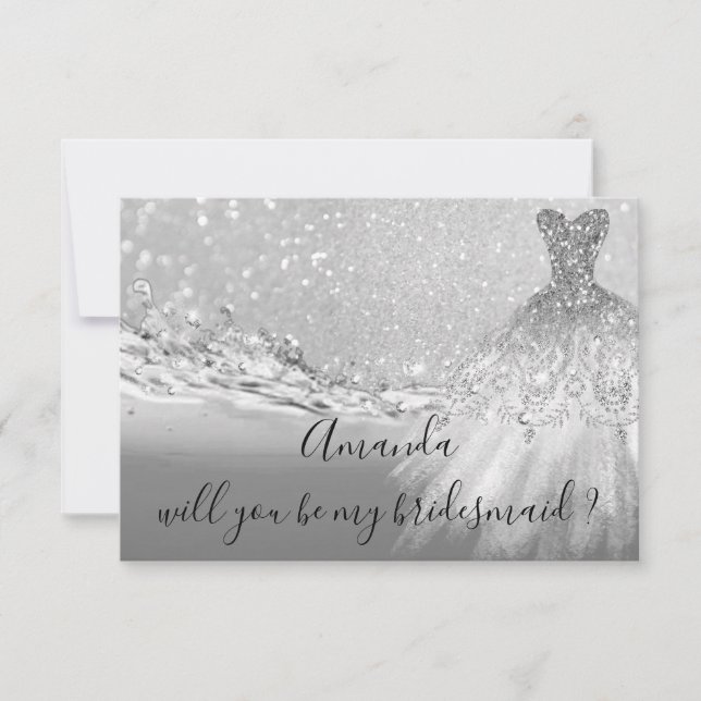 Will You Bridesmaid Gray Glitter Ocean Silver Invitation (Front)