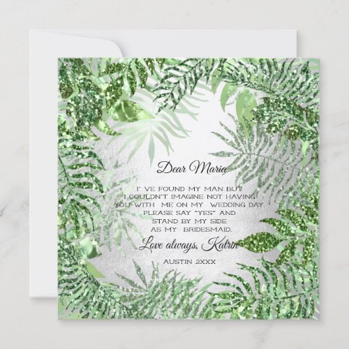 Will You Bridesmaid Tropical Glitter Mint Silver Invitation