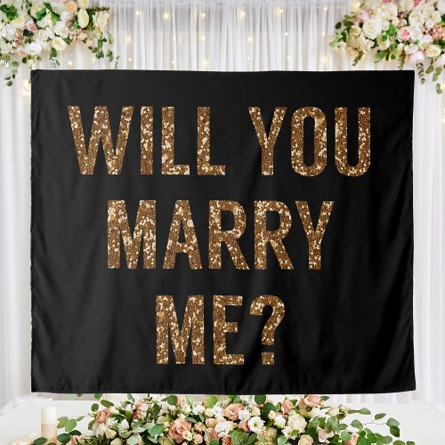Will You Marry Me Black and Gold Glitter Backdrop