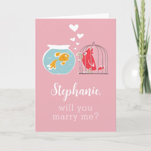 Will You Marry Me Cute Parrot Golden Fish Proposal Card