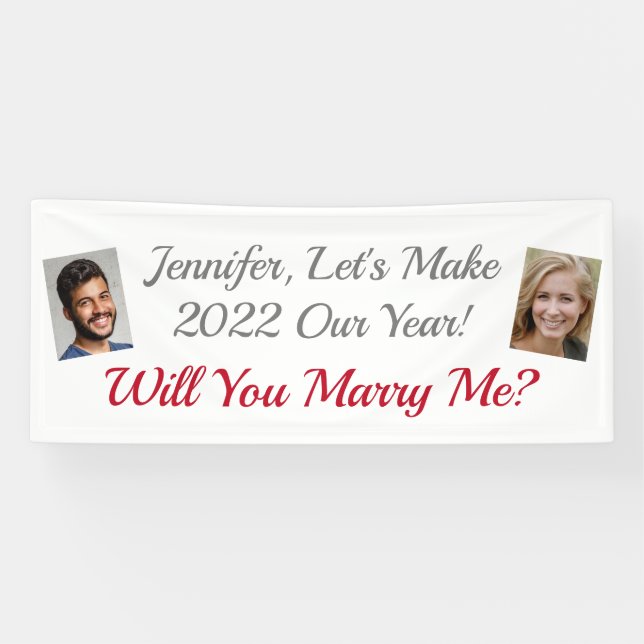Will You Marry Me? Photos, Red/Grey Text, White Banner