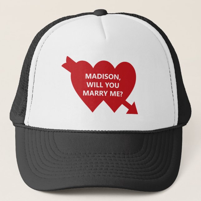 Will You Marry Me red cupid heart custom proposal Trucker Hat (Front)