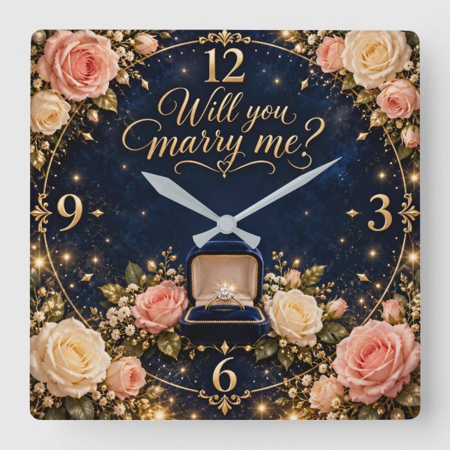 Will You Marry Me Rose Proposal Square Wall Clock (Front)