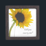 Will You Marry Me Sunflower Engagement Ring Box<br><div class="desc">Propose to your girlfriend and ask her to marry you with the pretty Will You Marry Me Yellow Sunflower on White Engagement Ring Box. This elegant custom flowery engagement gift box features a floral photograph of a yellow sunflower blossom on the stem in a glass vase with a bright white...</div>