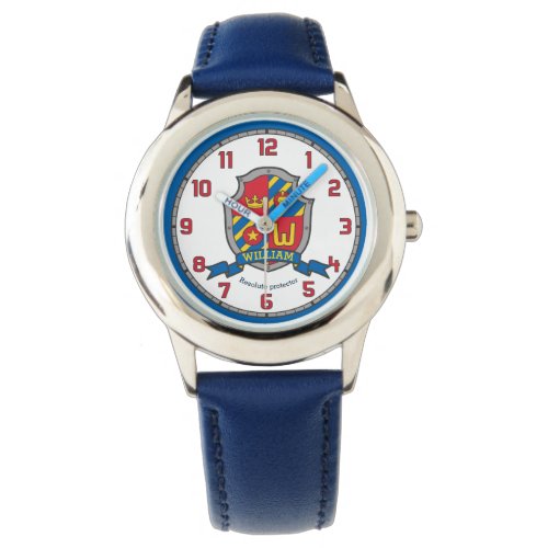 William boys name crest red blue yellow lion watch