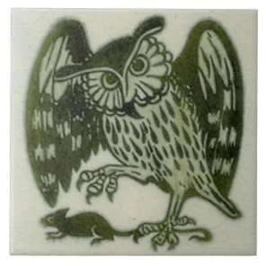 William De Morgan 1800s Repro Green Owl & Rat Ceramic Tile