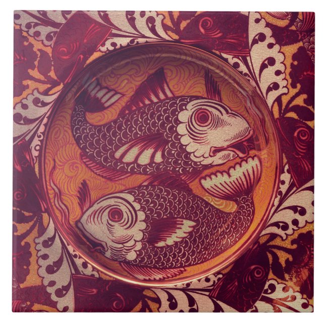 William * De Morgan Fish Red Ceramic Tile (Front)