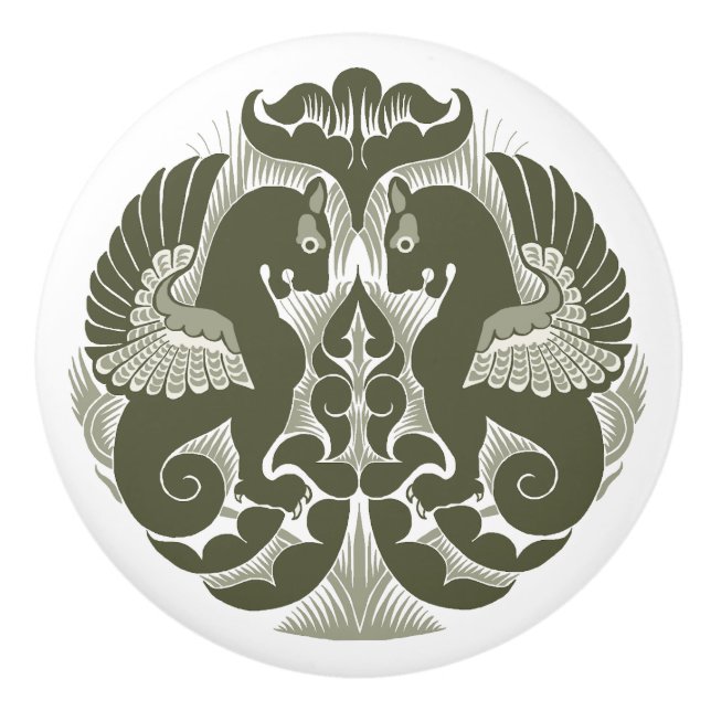 William De Morgan Green Griffins Ceramic Pull (Front)