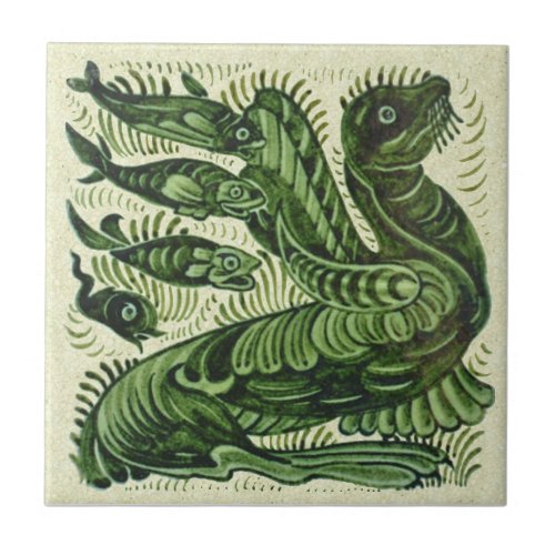 WIlliam De Morgan Green Sea Lion Fish Ceramic Tile