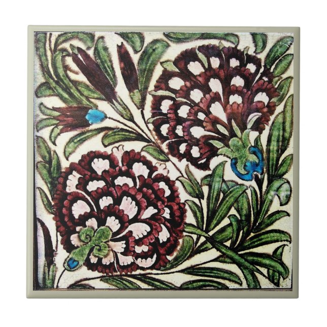William * De Morgan Purple Flowers Green Leaves Ceramic Tile (Front)