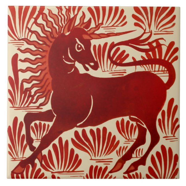 William De Morgan Repro Red Unicorn Ceramic Tile (Front)