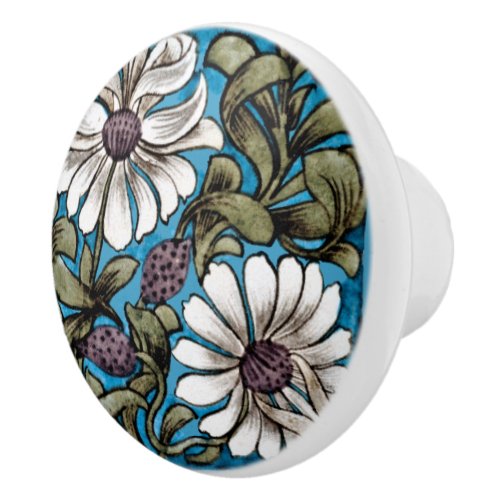 William  De Morgan Sprig of Flowers White Teal Ceramic Knob
