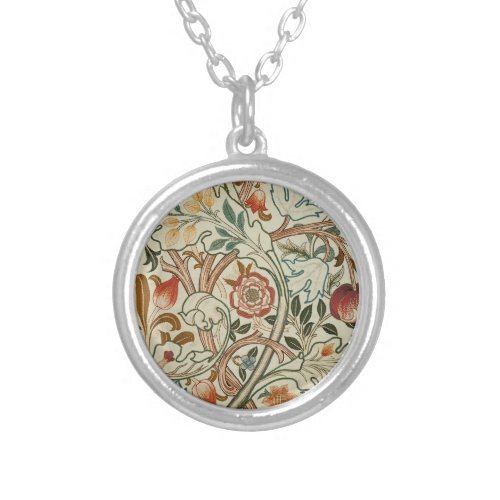 William Morris Acanthus Embroidery Floral Pattern Silver Plated Necklace