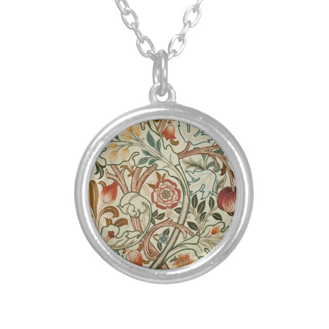 William Morris Acanthus Embroidery Floral Pattern  Silver Plated Necklace (Front)