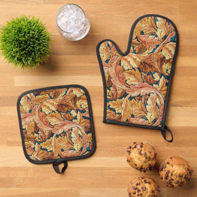 William Morris Acanthus Leaf Autumn Pattern Oven Mitt & Pot Holder Set (Top Down)