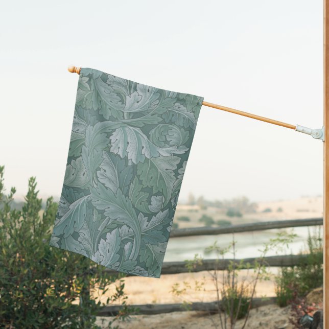 William Morris Acanthus Leaf Teal Blue Pattern House Flag (Insitu (Back))