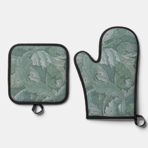 William Morris Acanthus Leaf Teal Blue Pattern Oven Mitt & Pot Holder Set