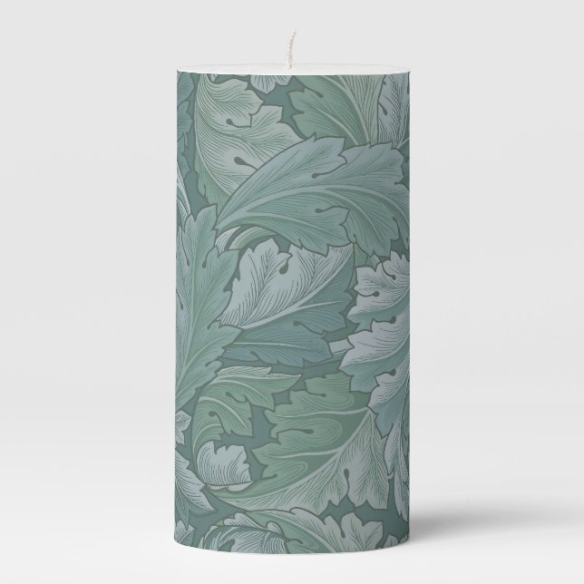 William Morris Acanthus Leaf Teal Blue Pattern Pillar Candle (Front)