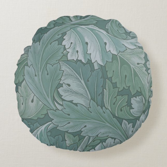 William Morris Acanthus Leaf Teal Blue Pattern Round Pillow (Front)