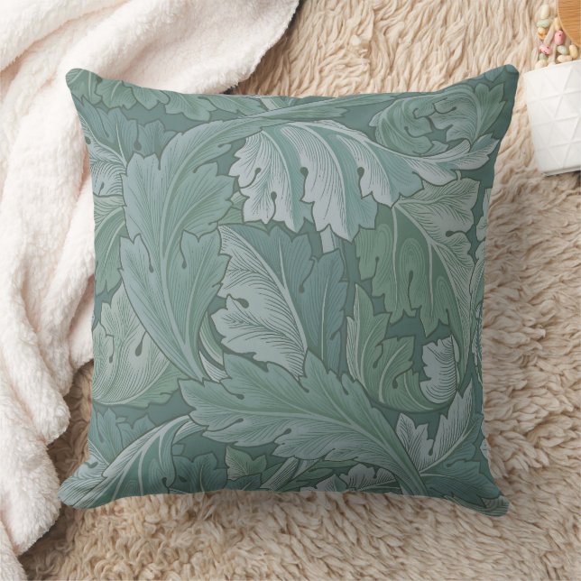 William Morris Acanthus Leaf Teal Blue Pattern Throw Pillow (Blanket)