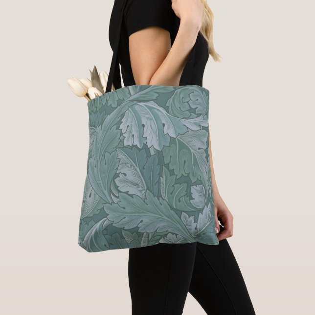 William Morris Acanthus Leaf Teal Blue Pattern Tote Bag (Close Up)