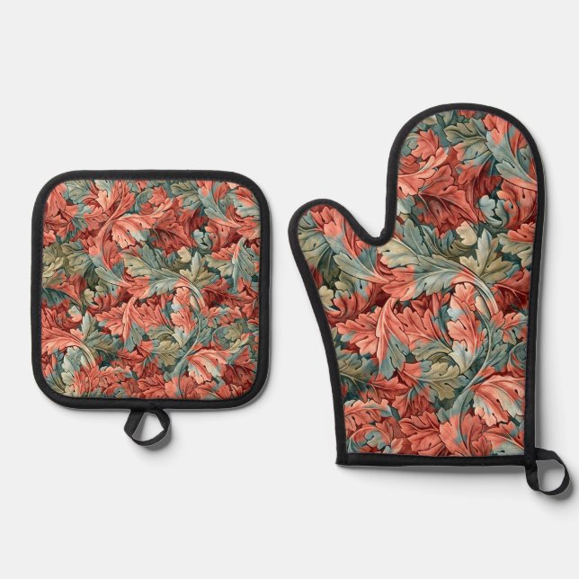 William Morris Acanthus Rust Red Sage Green Oven Mitt & Pot Holder Set (Front)