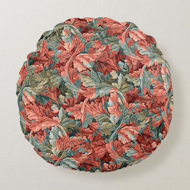 William Morris Acanthus Rust Red Sage Green Round Pillow (Front)