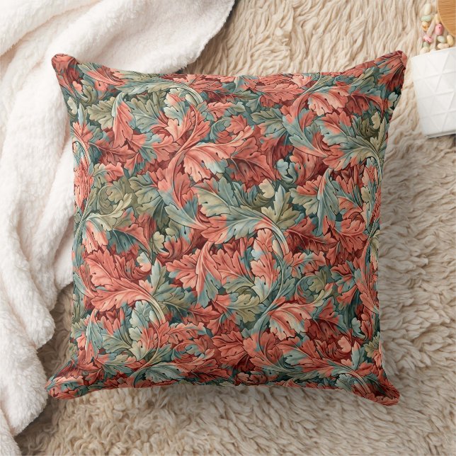 William Morris Acanthus Rust Red Sage Green Throw Pillow (Blanket)
