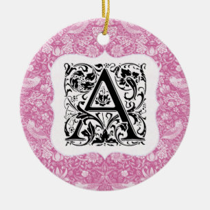 William Morris Alphabet Strawberry Thief Pink Ceramic Ornament