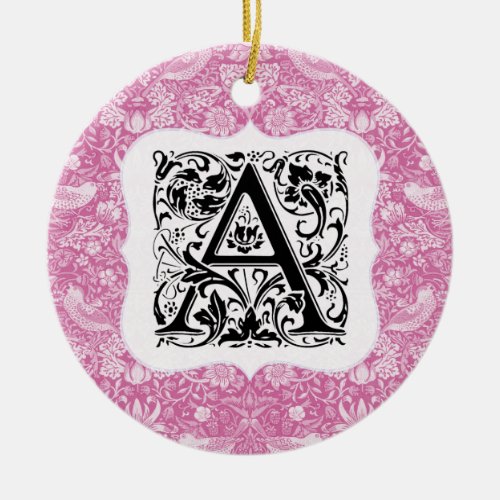 William Morris Alphabet Strawberry Thief Pink Ceramic Ornament