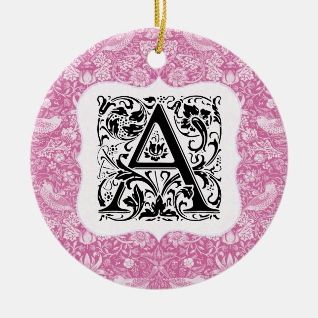 William Morris Alphabet Strawberry Thief Pink Ceramic Ornament (Front)