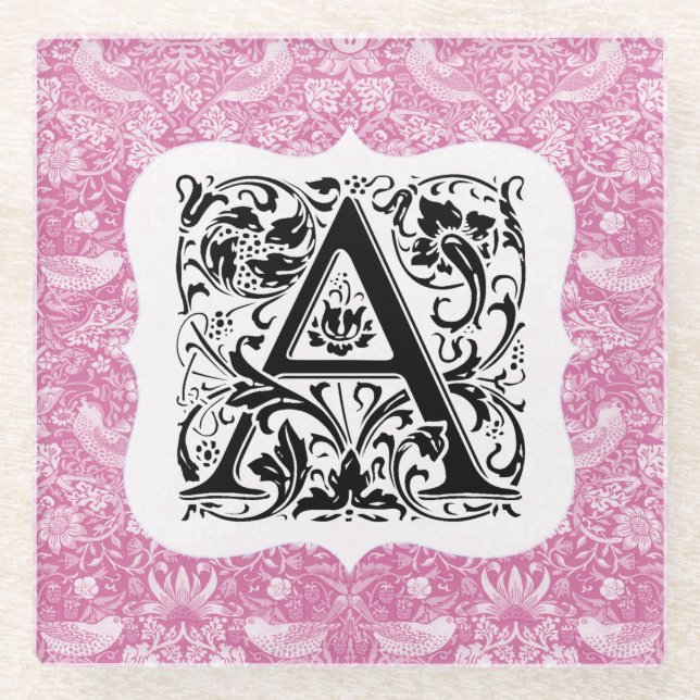 William Morris Alphabet Strawberry Thief Pink Glass Coaster (Front)