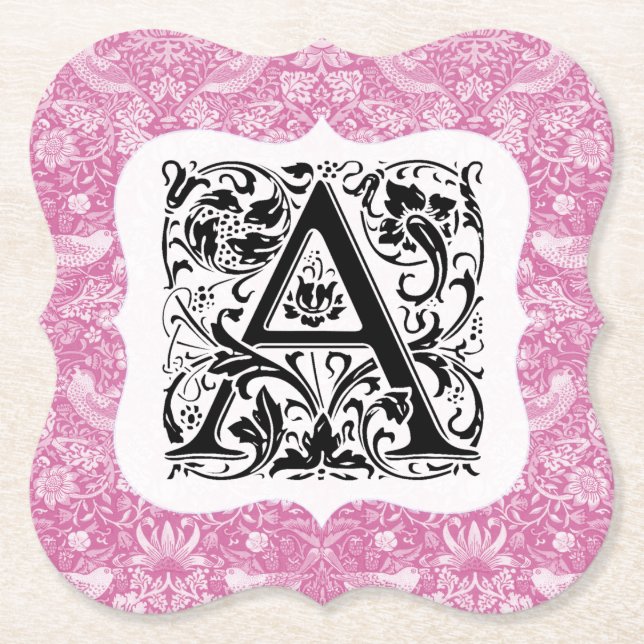 William Morris Alphabet Strawberry Thief Pink Paper Coaster (Front)