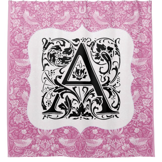 William Morris Alphabet Strawberry Thief Pink Shower Curtain (Front)