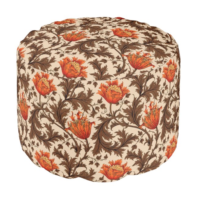 William Morris Anemone, Beige, Brown and Rust Pouf (Angled Front)