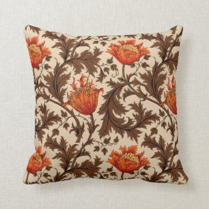William Morris Anemone, Beige, Brown and Rust Throw Pillow