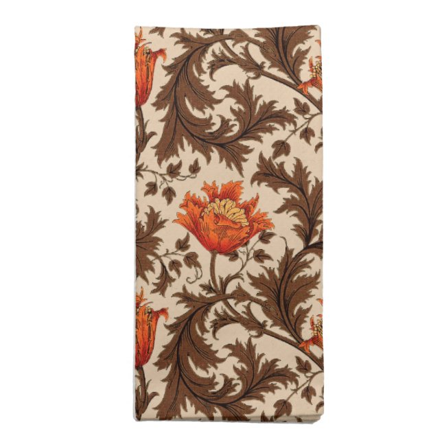 William Morris Anemone, Beige, Brown & Rust Orange Cloth Napkin (Folded)