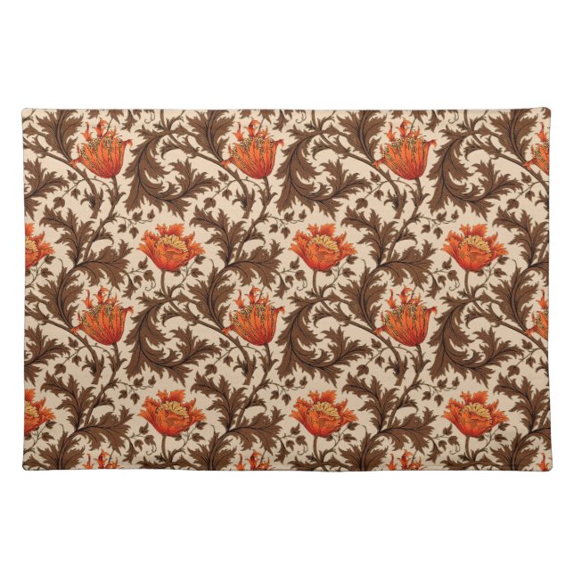 William Morris Anemone, Beige, Brown & Rust Orange Cloth Placemat (Front)