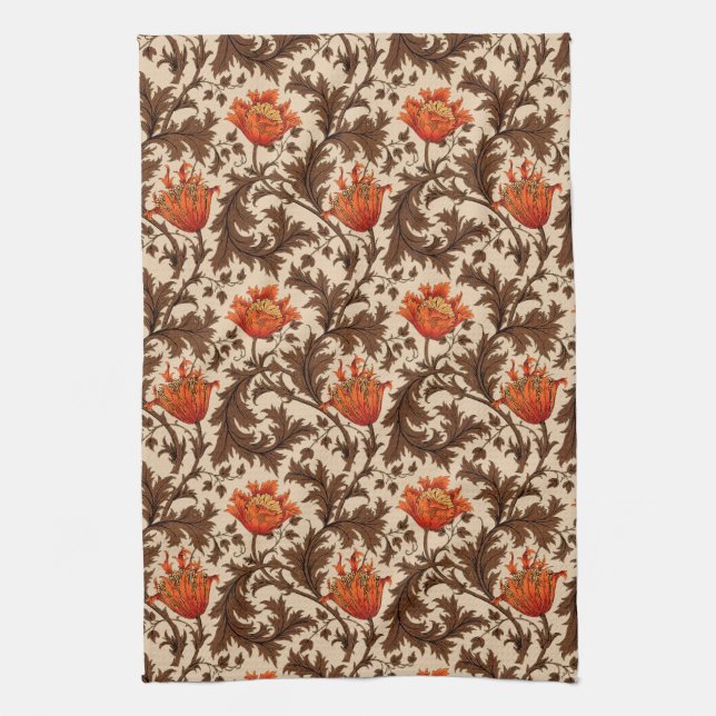 William Morris Anemone, Beige, Brown & Rust Orange Kitchen Towel (Vertical)