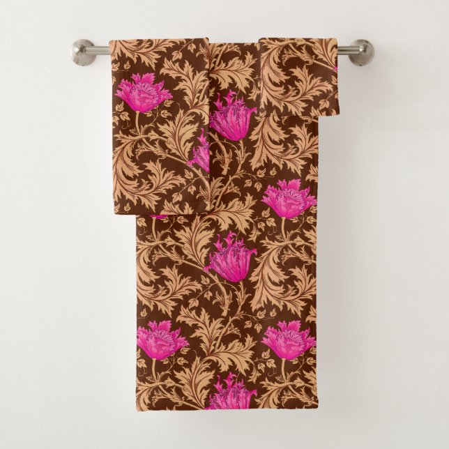 William Morris Anemone, Brown and Fuchsia Pink Bath Towel Set (Insitu)