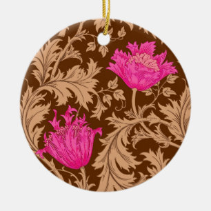 William Morris Anemone, Brown and Fuchsia Pink Ceramic Ornament