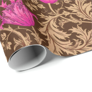 William Morris Anemone, Brown and Fuchsia Pink Wrapping Paper
