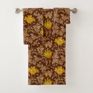 William Morris Anemone, Brown and Mustard Gold Bath Towel Set